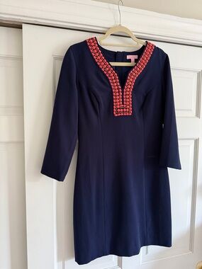 Lily Pulitzer Navy Dress with Pink Beaded Neckline